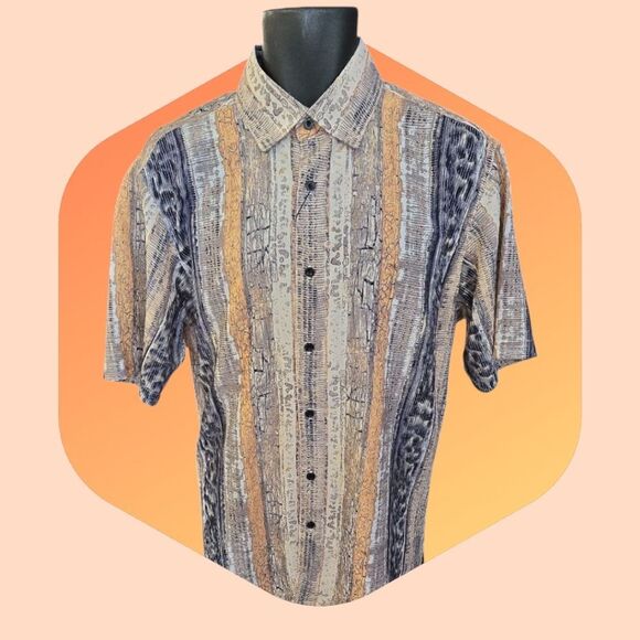 BASSIRI MEN'S CASUAL ABSTRACT SHORT SLEEVE SHIRT. GOLD TAUPE TAN GRAY. 1050 - Picture 1 of 5